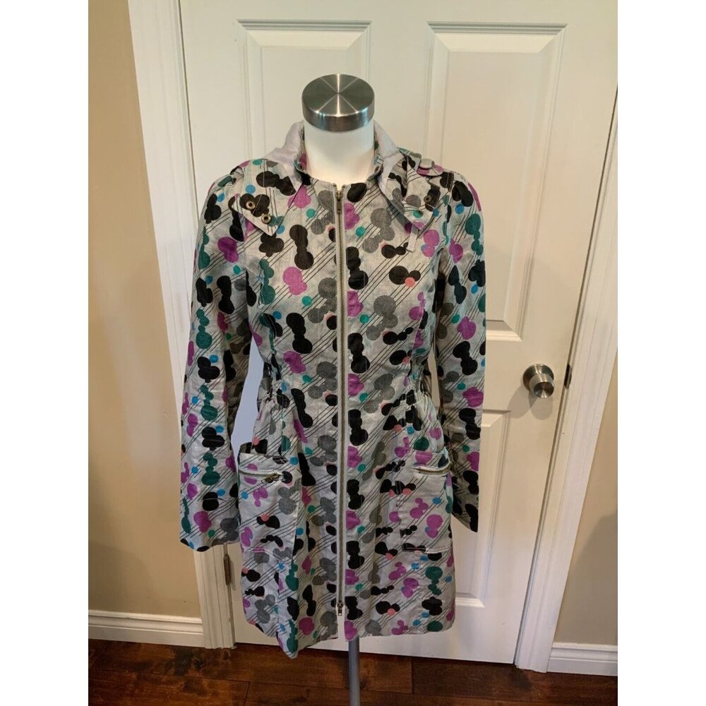 Nick & Mo Anthro Gray Multicolor Polka Dot 100% Linen Hooded Trench Coat, Size S